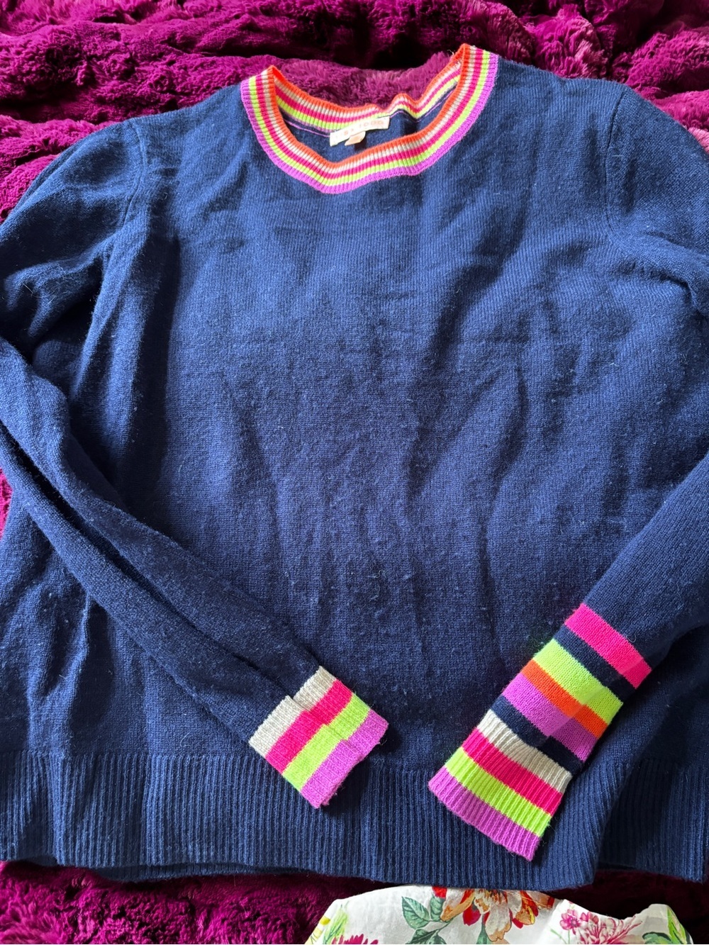 Lisa Todd wool/ cashmere Navy Crewneck Sweater with Rainbow Trim